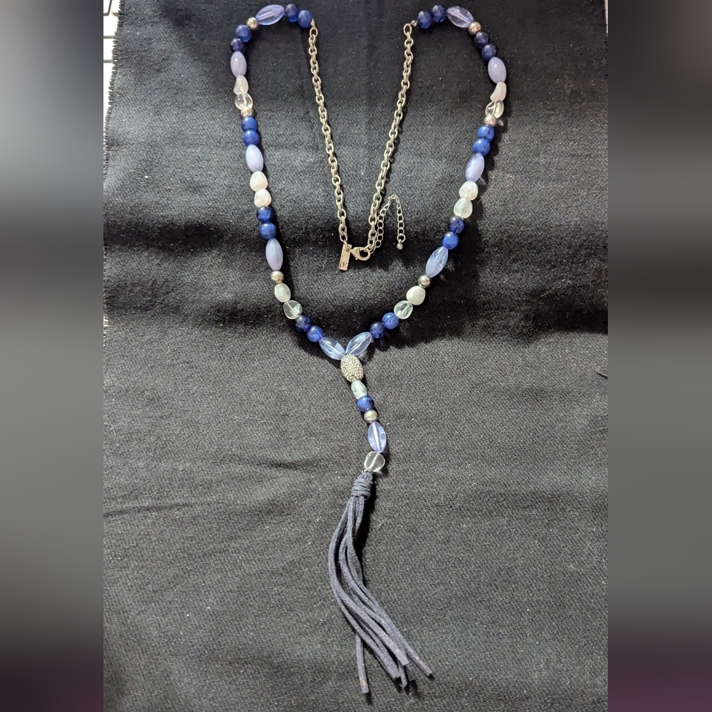 Inc Silver Tone Blue Clear White Long Beaded Statement Necklace Suede Tassel